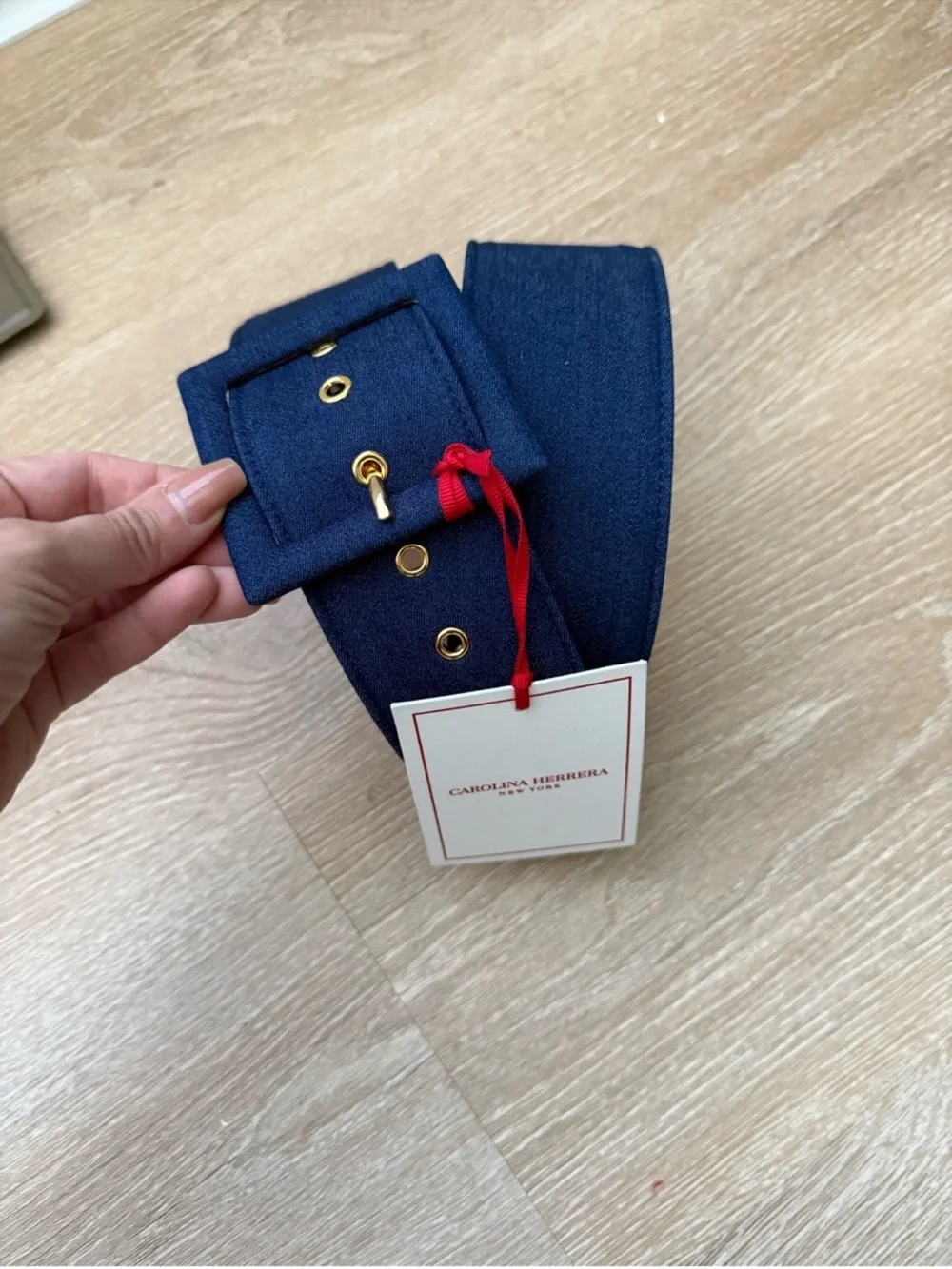 Carolina Herrera Navy Wide Denim Fabric Belt with Covered Square Buckle NWT XL